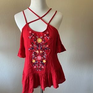 Red strappy embroidered cold shoulder peplum top. XS